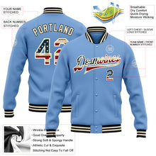 Load image into Gallery viewer, Custom Light Blue Vintage USA Flag Cream-Black Bomber Full-Snap Varsity Letterman Jacket
