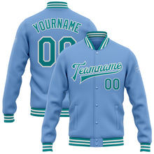 Load image into Gallery viewer, Custom Light Blue Teal-White Bomber Full-Snap Varsity Letterman Jacket

