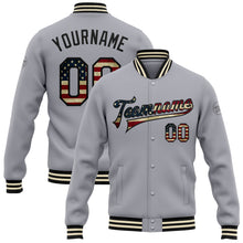 Load image into Gallery viewer, Custom Gray Vintage USA Flag Black-Cream Bomber Full-Snap Varsity Letterman Jacket
