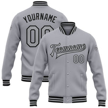 Load image into Gallery viewer, Custom Gray Black Bomber Full-Snap Varsity Letterman Jacket

