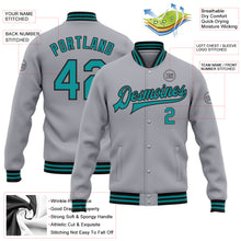 Load image into Gallery viewer, Custom Gray Teal-Black Bomber Full-Snap Varsity Letterman Jacket
