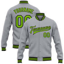 Load image into Gallery viewer, Custom Gray Neon Green-Black Bomber Full-Snap Varsity Letterman Jacket

