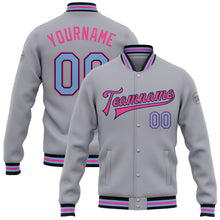 Load image into Gallery viewer, Custom Gray Light Blue Black-Pink Bomber Full-Snap Varsity Letterman Jacket
