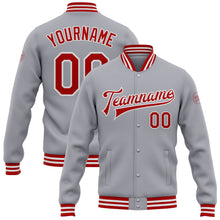 Load image into Gallery viewer, Custom Gray Red-White Bomber Full-Snap Varsity Letterman Jacket
