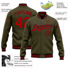 Load image into Gallery viewer, Custom Olive Red-Black Bomber Full-Snap Varsity Letterman Salute To Service Jacket
