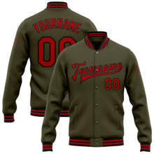 Load image into Gallery viewer, Custom Olive Red-Black Bomber Full-Snap Varsity Letterman Salute To Service Jacket
