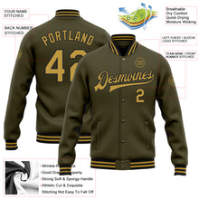 Load image into Gallery viewer, Custom Olive Old Gold-Black Bomber Full-Snap Varsity Letterman Salute To Service Jacket
