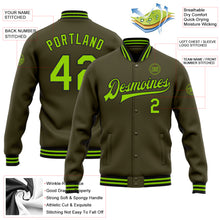 Load image into Gallery viewer, Custom Olive Neon Green-Black Bomber Full-Snap Varsity Letterman Salute To Service Jacket
