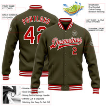 Load image into Gallery viewer, Custom Olive Red-White Bomber Full-Snap Varsity Letterman Salute To Service Jacket
