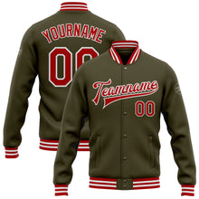 Load image into Gallery viewer, Custom Olive Red-White Bomber Full-Snap Varsity Letterman Salute To Service Jacket
