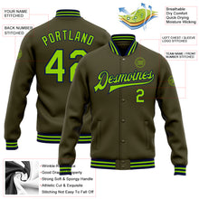 Load image into Gallery viewer, Custom Olive Neon Green-Navy Bomber Full-Snap Varsity Letterman Salute To Service Jacket
