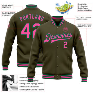 Custom Olive Pink-Kelly Green Bomber Full-Snap Varsity Letterman Salute To Service Jacket