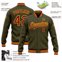 Load image into Gallery viewer, Custom Olive Crimson-Gold Bomber Full-Snap Varsity Letterman Salute To Service Jacket
