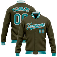 Load image into Gallery viewer, Custom Olive Teal-White Bomber Full-Snap Varsity Letterman Salute To Service Jacket
