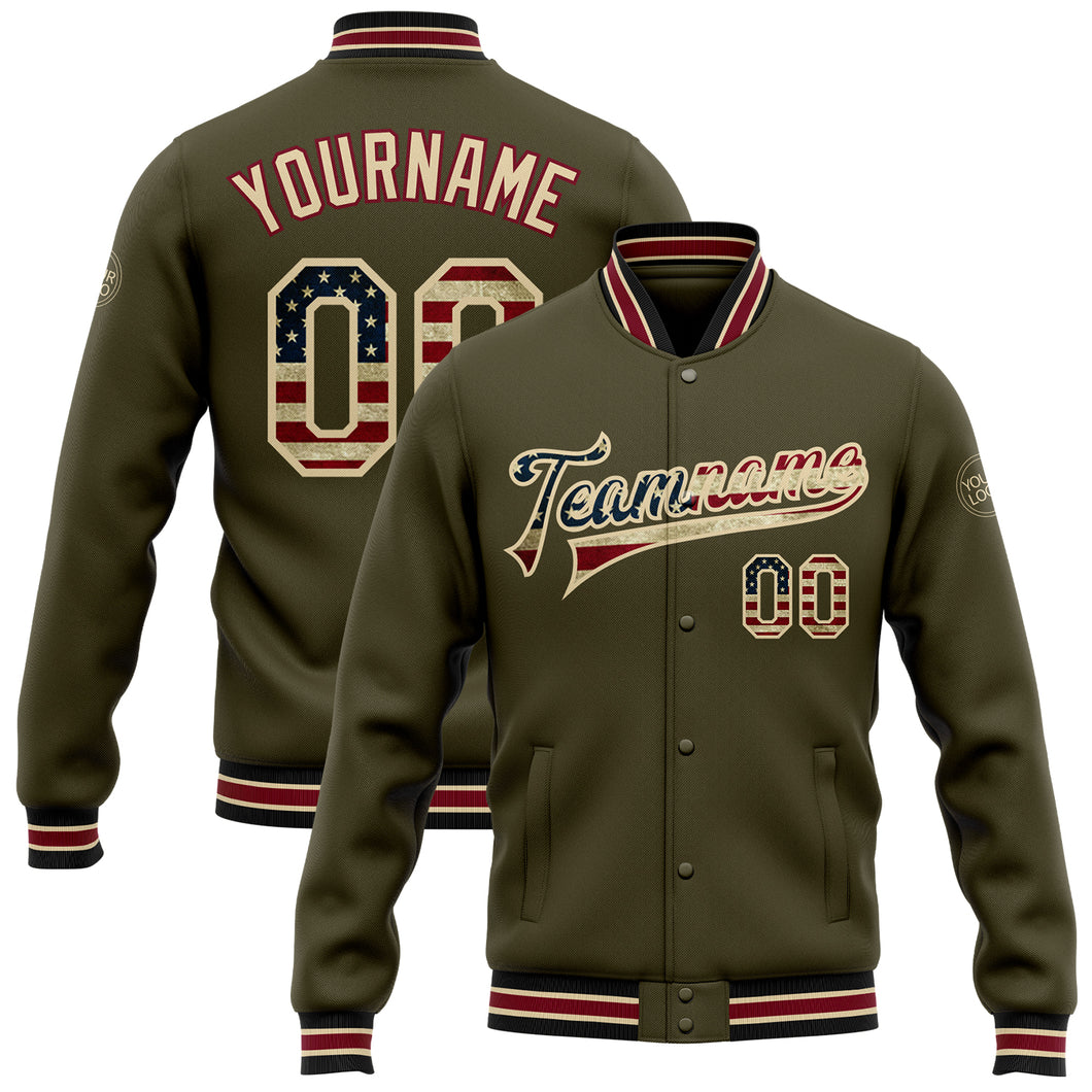 Custom Olive Vintage USA Flag City Cream-Black Bomber Full-Snap Varsity Letterman Salute To Service Jacket