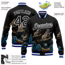 Load image into Gallery viewer, Custom Black Royal-White Heron And Wave 3D Pattern Design Bomber Full-Snap Varsity Letterman Jacket
