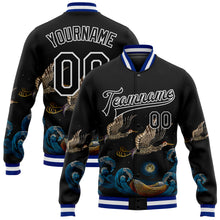Load image into Gallery viewer, Custom Black Royal-White Heron And Wave 3D Pattern Design Bomber Full-Snap Varsity Letterman Jacket

