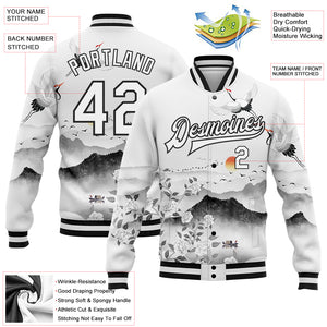 Custom White Black Heron And Flower 3D Pattern Design Bomber Full-Snap Varsity Letterman Jacket
