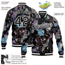 Load image into Gallery viewer, Custom Black White Heron And Flower 3D Pattern Design Bomber Full-Snap Varsity Letterman Jacket
