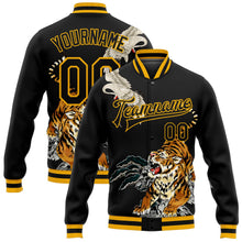 Load image into Gallery viewer, Custom Black Gold Heron And Tiger 3D Pattern Design Bomber Full-Snap Varsity Letterman Jacket
