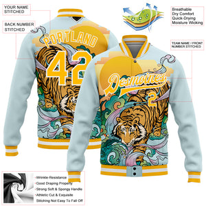 Custom Lakes Blue Gold-White Tiger 3D Pattern Design Bomber Full-Snap Varsity Letterman Jacket
