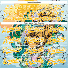 Load image into Gallery viewer, Custom Lakes Blue Gold-White Tiger 3D Pattern Design Bomber Full-Snap Varsity Letterman Jacket
