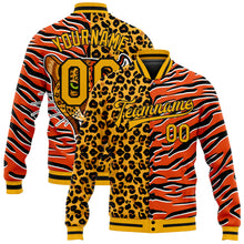 Load image into Gallery viewer, Custom Orange Gold-Black Tiger And Leopard Print 3D Pattern Design Bomber Full-Snap Varsity Letterman Jacket
