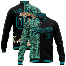 Load image into Gallery viewer, Custom Black Teal Tiger And Leopard Print 3D Pattern Design Bomber Full-Snap Varsity Letterman Jacket
