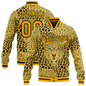 Custom Gold Black Leopard 3D Pattern Design Bomber Full-Snap Varsity Letterman Jacket