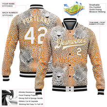 Load image into Gallery viewer, Custom Old Gold White-Black Leopard 3D Pattern Design Bomber Full-Snap Varsity Letterman Jacket
