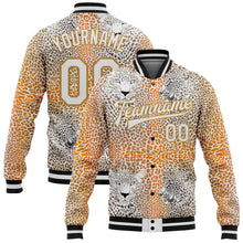 Load image into Gallery viewer, Custom Old Gold White-Black Leopard 3D Pattern Design Bomber Full-Snap Varsity Letterman Jacket
