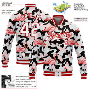 Custom Camo White-Red Flamingo 3D Pattern Design Bomber Full-Snap Varsity Letterman Salute To Service Jacket