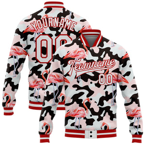 Custom Camo White-Red Flamingo 3D Pattern Design Bomber Full-Snap Varsity Letterman Salute To Service Jacket