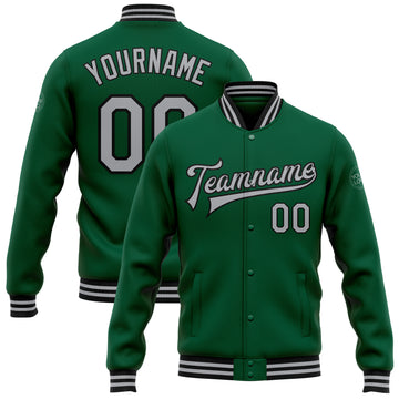 Custom Kelly Green Gray-Black Bomber Full-Snap Varsity Letterman Jacket