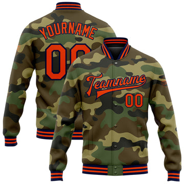 Custom Camo Orange-Navy Bomber Full-Snap Varsity Letterman Salute To Service Jacket