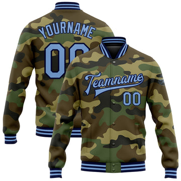 Custom Camo Light Blue-Navy Bomber Full-Snap Varsity Letterman Salute To Service Jacket