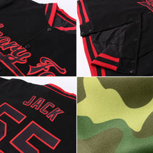 Load image into Gallery viewer, Custom Camo Vintage USA Flag City Cream Crimson-Black Bomber Full-Snap Varsity Letterman Salute To Service Jacket
