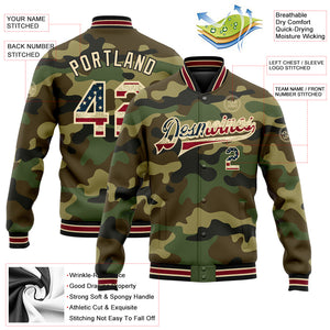 Custom Camo Vintage USA Flag City Cream Crimson-Black Bomber Full-Snap Varsity Letterman Salute To Service Jacket