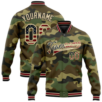 Custom Camo Vintage USA Flag City Cream Crimson-Black Bomber Full-Snap Varsity Letterman Salute To Service Jacket