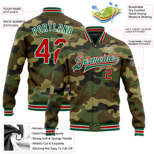 Custom Camo Red-Kelly Green Bomber Full-Snap Varsity Letterman Salute To Service Jacket