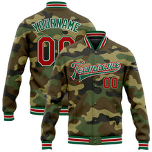 Load image into Gallery viewer, Custom Camo Red-Kelly Green Bomber Full-Snap Varsity Letterman Salute To Service Jacket
