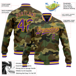 Custom Camo Purple-Gold Bomber Full-Snap Varsity Letterman Salute To Service Jacket