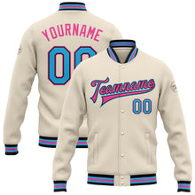 Load image into Gallery viewer, Custom Cream Sky Blue Black-Pink Bomber Full-Snap Varsity Letterman Jacket
