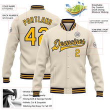Load image into Gallery viewer, Custom Cream Gold-Navy Bomber Full-Snap Varsity Letterman Jacket
