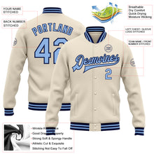 Load image into Gallery viewer, Custom Cream Light Blue-Navy Bomber Full-Snap Varsity Letterman Jacket
