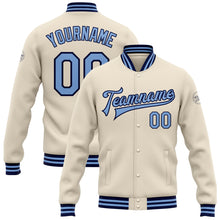 Load image into Gallery viewer, Custom Cream Light Blue-Navy Bomber Full-Snap Varsity Letterman Jacket
