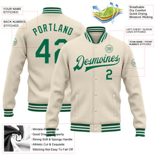 Load image into Gallery viewer, Custom Cream Kelly Green-White Bomber Full-Snap Varsity Letterman Jacket
