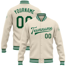 Load image into Gallery viewer, Custom Cream Kelly Green-White Bomber Full-Snap Varsity Letterman Jacket
