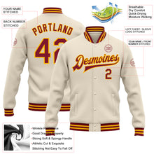 Load image into Gallery viewer, Custom Cream Crimson-Gold Bomber Full-Snap Varsity Letterman Jacket
