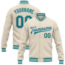 Load image into Gallery viewer, Custom Cream Teal-Gray Bomber Full-Snap Varsity Letterman Jacket
